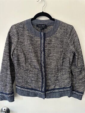 Armani Jeans Tweed Knit Jacket Blue Braided Trim Button Front Size 42 US 6 M